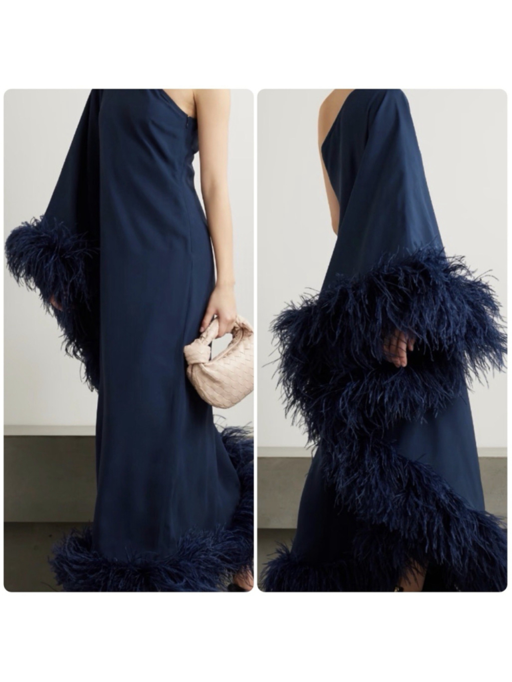 Taller Marmo Ubud Feather Trimmed Dress One Shoulder Navy Blue IT 42 Gala Formal